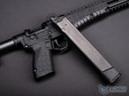 EMG x KelTec SUB2000 airsoft SMG receiver and textured pistol grip with detached extended magazine laid across.