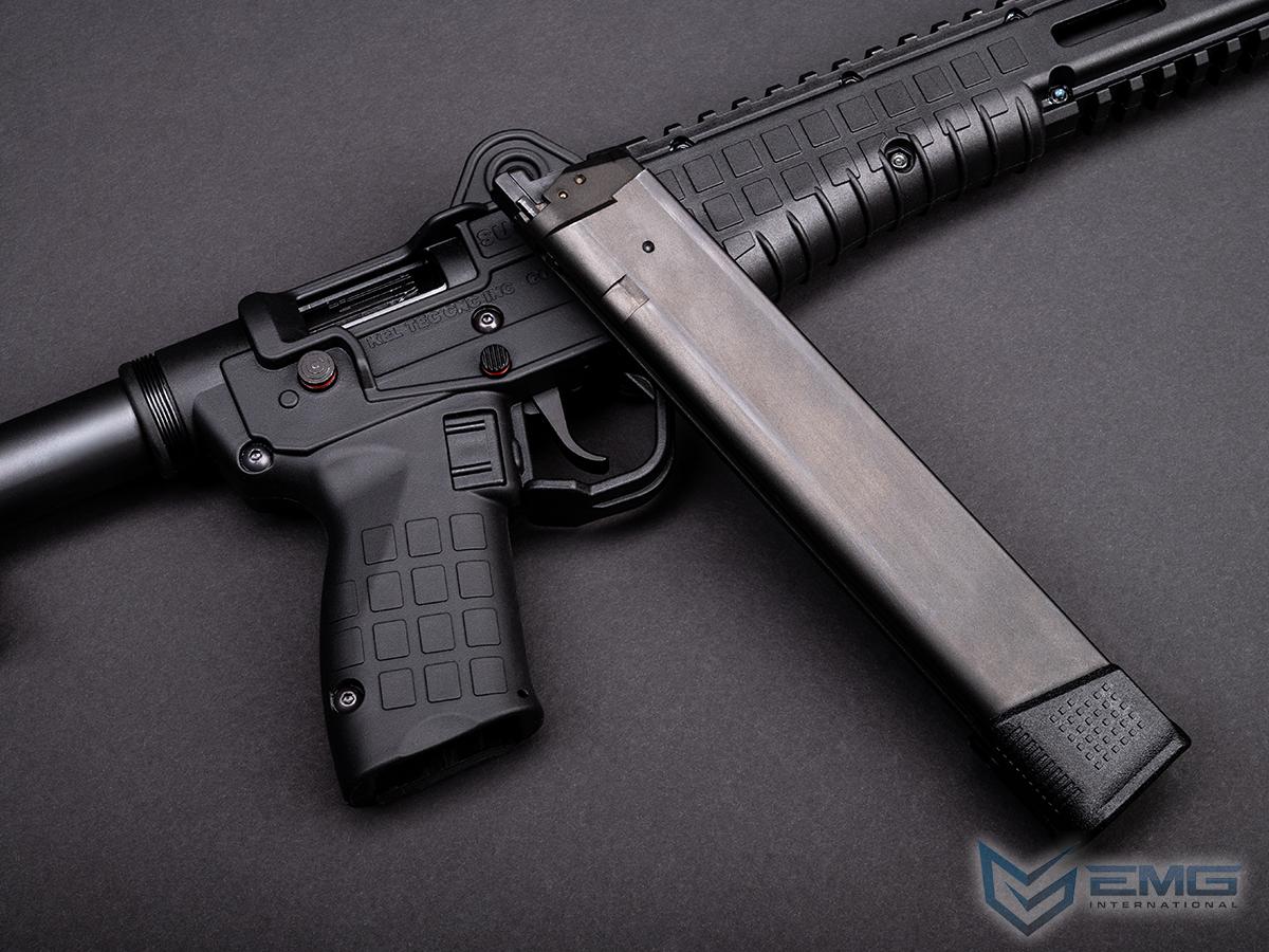 EMG x KelTec SUB2000 airsoft SMG receiver and textured pistol grip with detached extended magazine laid across.