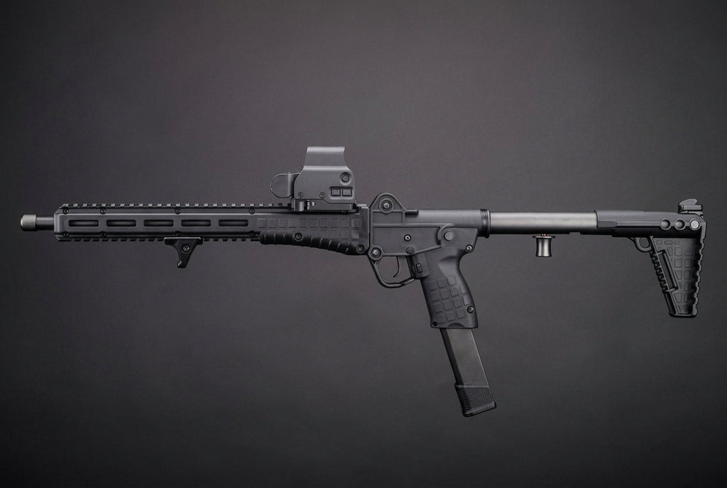 EMG x KelTec SUB2000 KWA airsoft SMG, left-side view with mounted optic, long magazine and black stock.