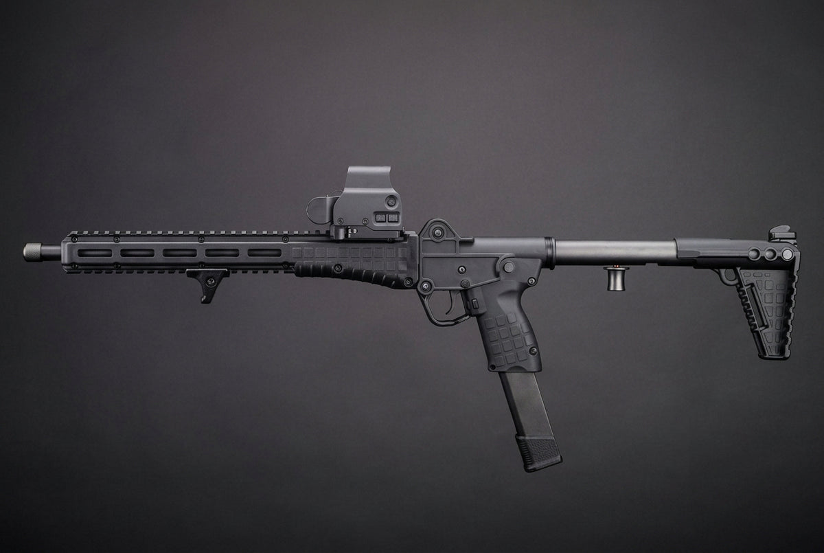 EMG x KelTec SUB2000 KWA airsoft SMG, left-side view with mounted optic, long magazine and black stock.