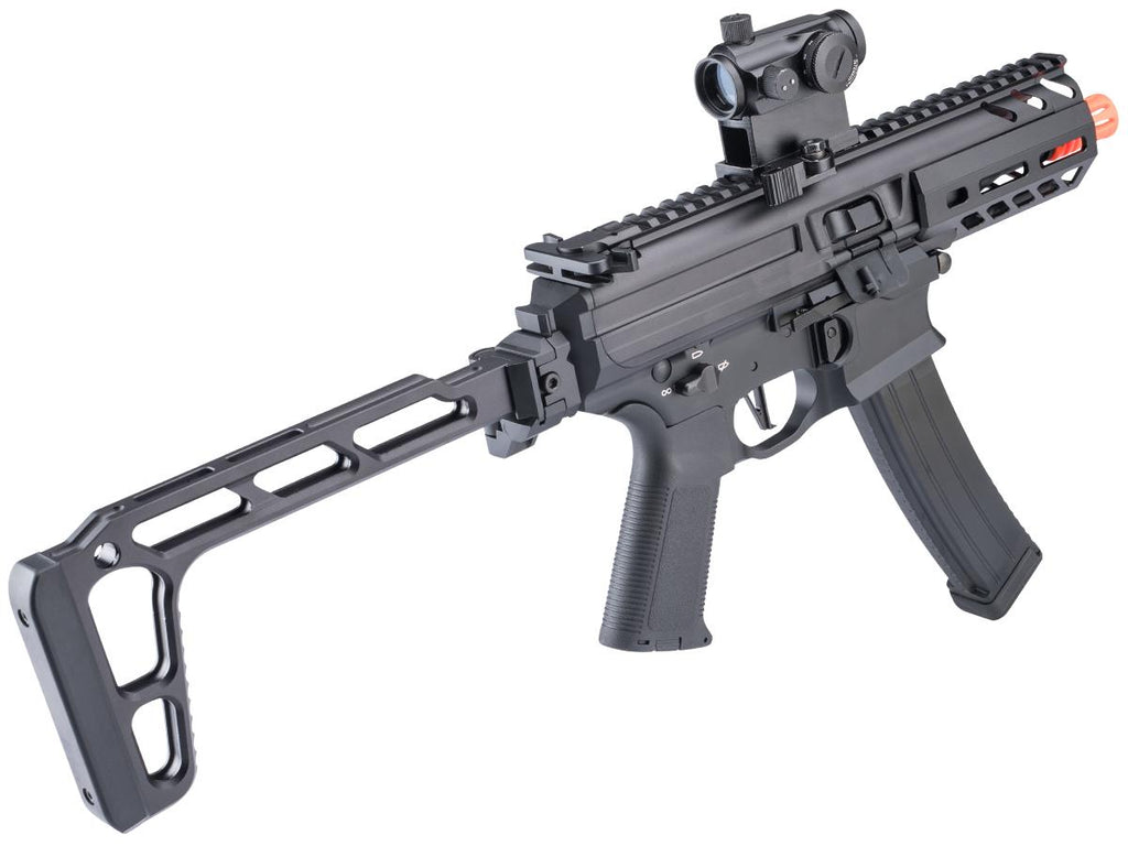 Black Golden Eagle MPX-K airsoft SMG rear-right view with optic, extended CNC stock and curved magazine.
