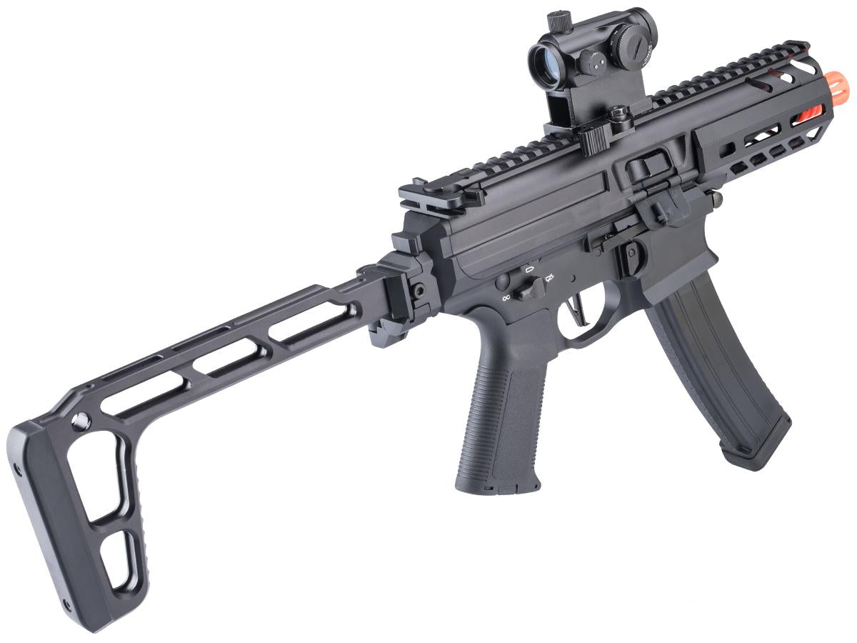 Black Golden Eagle MPX-K airsoft SMG rear-right view with optic, extended CNC stock and curved magazine.