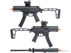 Golden Eagle MPX-K airsoft SMG in left, right and top views with optic, CNC stock and orange muzzle tip.