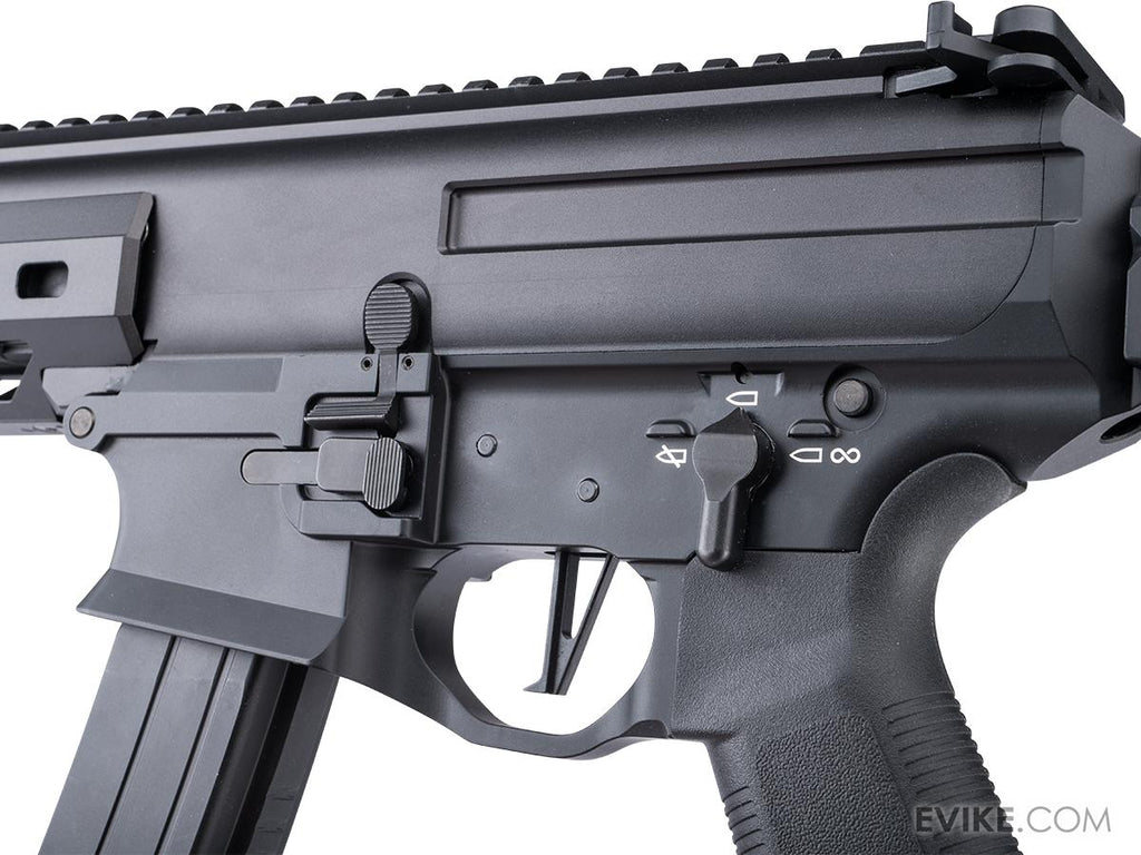 Golden Eagle MPX-K airsoft left receiver close-up showing selector, bolt catch, flat trigger and magazine.