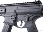 Golden Eagle MPX-K airsoft left receiver close-up showing selector, bolt catch, flat trigger and magazine.