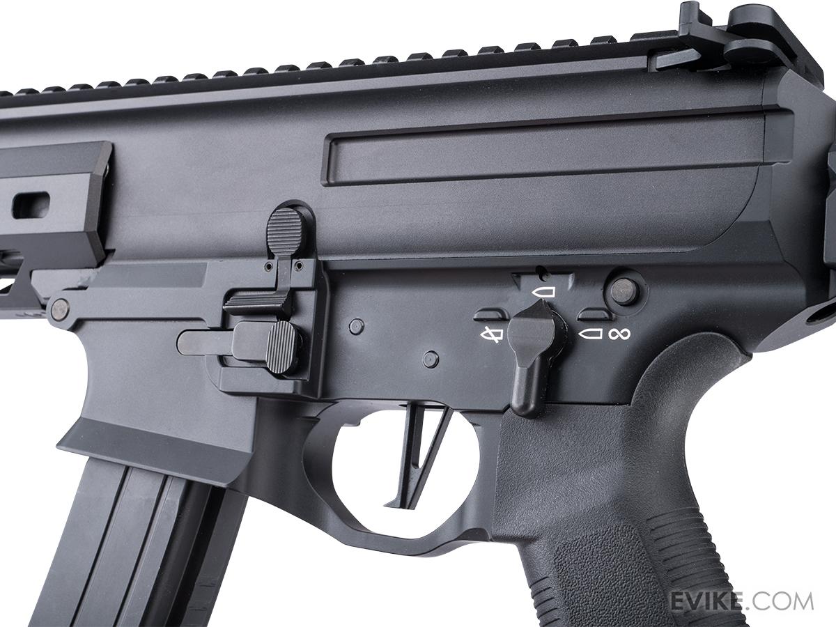 Golden Eagle MPX-K airsoft left receiver close-up showing selector, bolt catch, flat trigger and magazine.