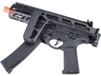 Golden Eagle MPX-K airsoft SMG with CNC stock folded along the receiver and curved magazine fitted.