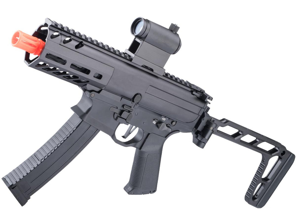 Black Golden Eagle MPX-K airsoft SMG angled front-left view with optic, curved magazine and CNC stock.