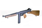 Thompson submachine gun with wooden stock on a white background