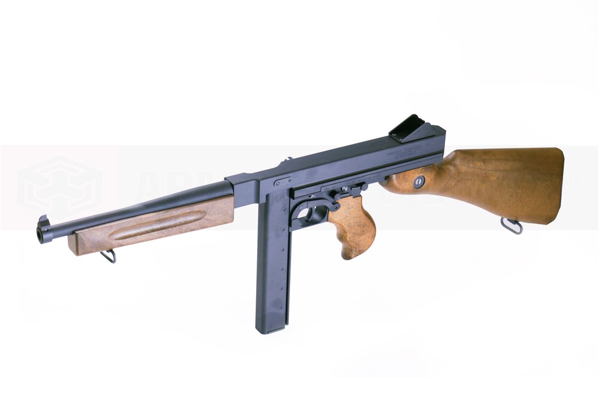 Thompson submachine gun with wooden stock on a white background