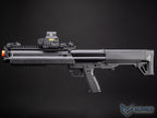 Black airsoft gun with attachments on a dark background