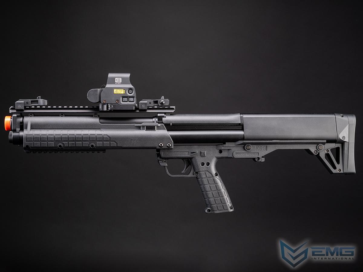 Black airsoft gun with attachments on a dark background