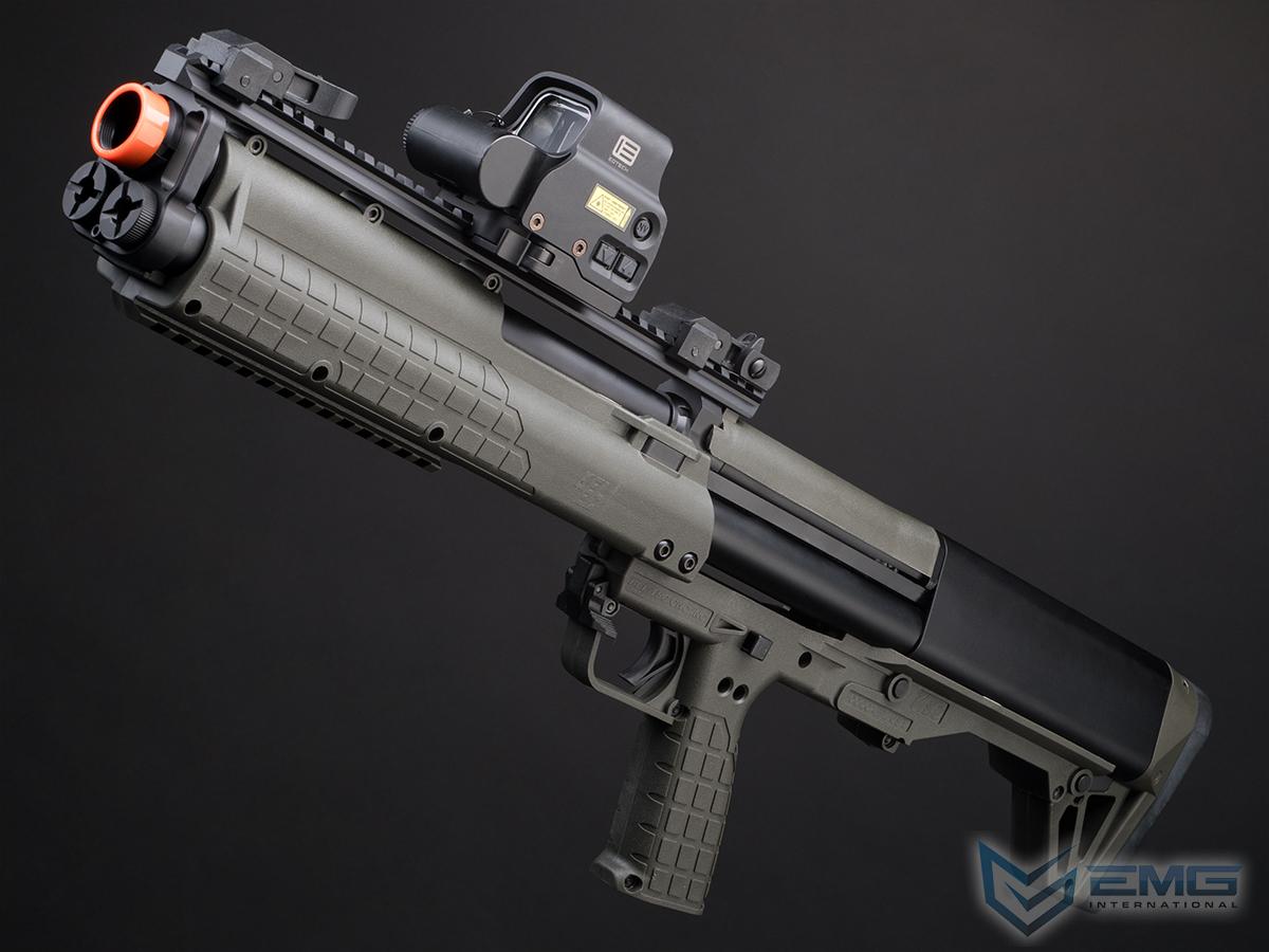 Airsoft gun with tactical attachments on a dark background