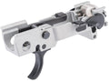A close-up studio shot of a Sig P320 FCU with a black trigger and black adjustment knobs, isolated on a white background.