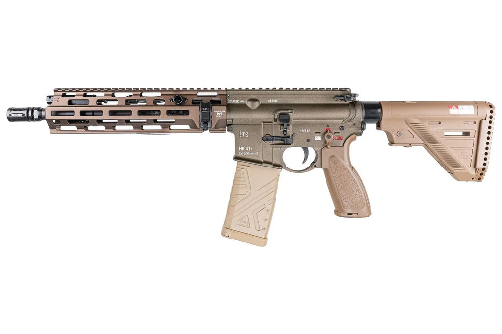 A tactical rifle in a desert tan and black finish, featuring a handguard, pistol grip, and adjustable stock, shown against a plain white background.