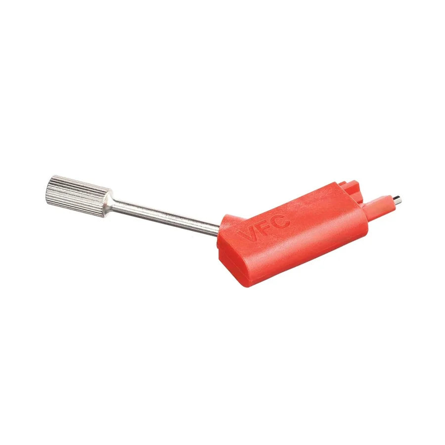 A red plastic electrical connector with a silver metal pin and a knurled silver metal shaft, shown on a plain white background.