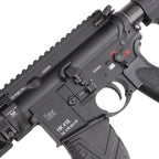 Close-up of a black HK LK 416 tactical rifle or replica firearm showing the receiver, handguard, trigger guard, magazine, and part of the pistol grip on a white background.